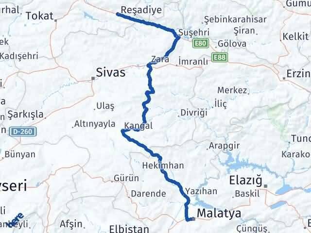 Malatya Reşadiye Tokat Arası Kaç Km - Yol Haritası