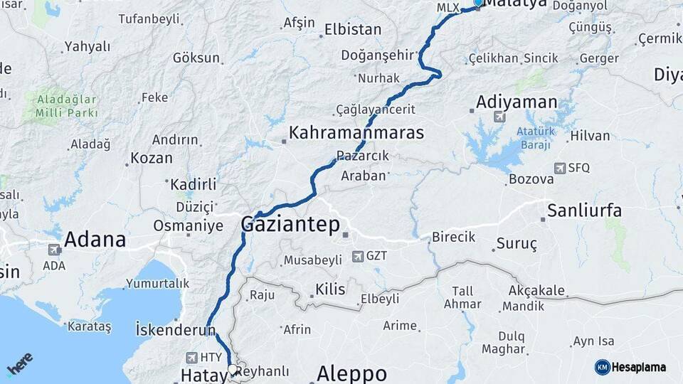 Malatya Reyhanlı Hatay Arası Kaç Km - Yol Haritası