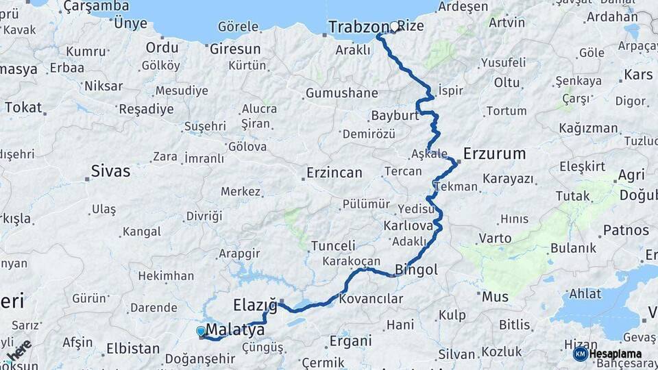 Malatya Rize Arası Kaç Km - Yol Haritası