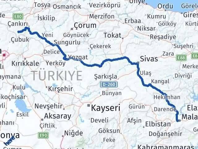 Malatya Şabanözü Çankırı Arası Kaç Km - Yol Haritası