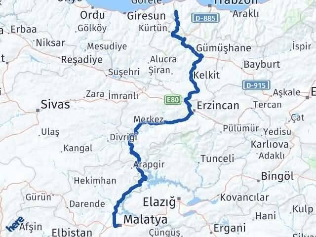 Malatya Şalpazarı Trabzon Arası Kaç Km - Yol Haritası