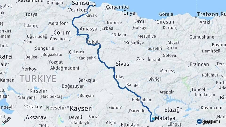 Malatya Samsun Arası Kaç Km - Yol Haritası
