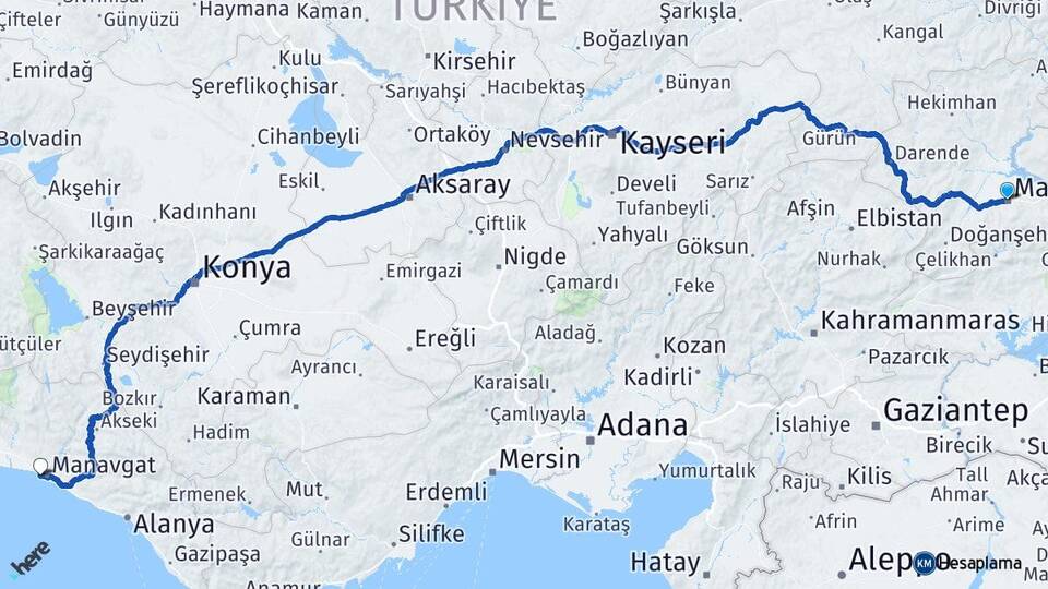 Malatya Side Manavgat Antalya Arası Kaç Km - Yol Haritası