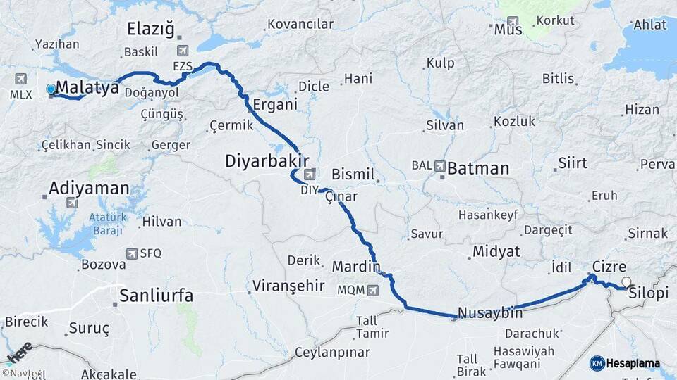 Malatya Silopi Şırnak Arası Kaç Km - Yol Haritası