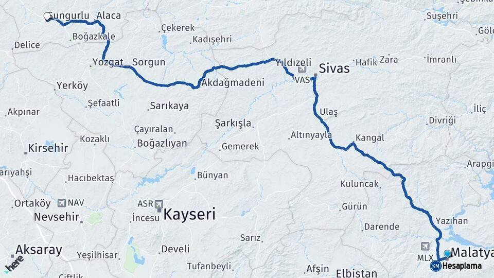 Malatya Sungurlu Çorum Arası Kaç Km - Yol Haritası