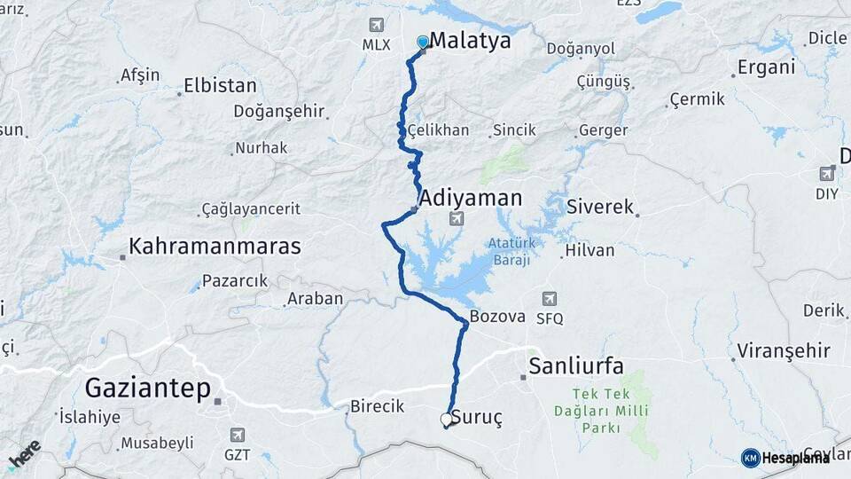 Malatya Suruç Şanlıurfa Arası Kaç Km - Yol Haritası