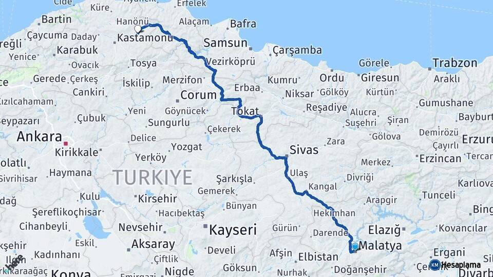 Malatya Taşköprü Kastamonu Arası Kaç Km - Yol Haritası