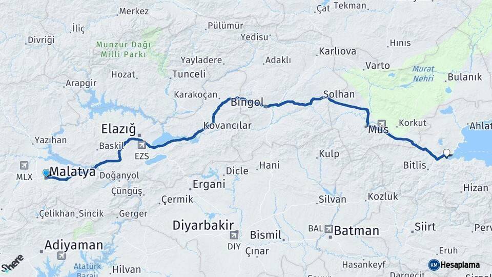 Malatya Tatvan Bitlis Arası Kaç Km - Yol Haritası