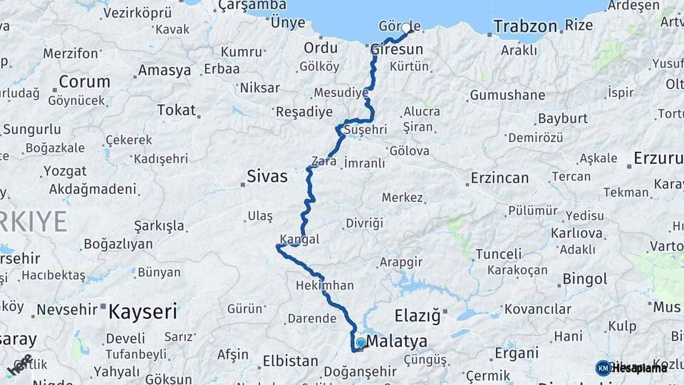 Malatya Tirebolu Giresun Arası Kaç Km - Yol Haritası