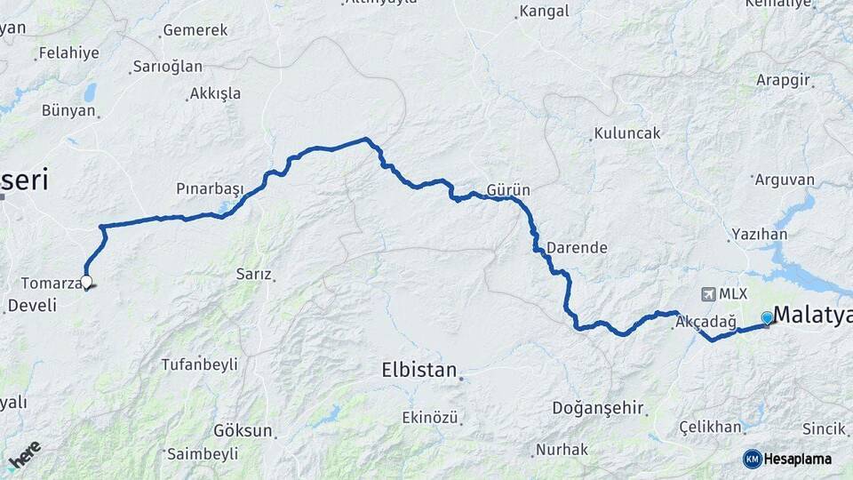 Malatya Tomarza Kayseri Arası Kaç Km - Yol Haritası