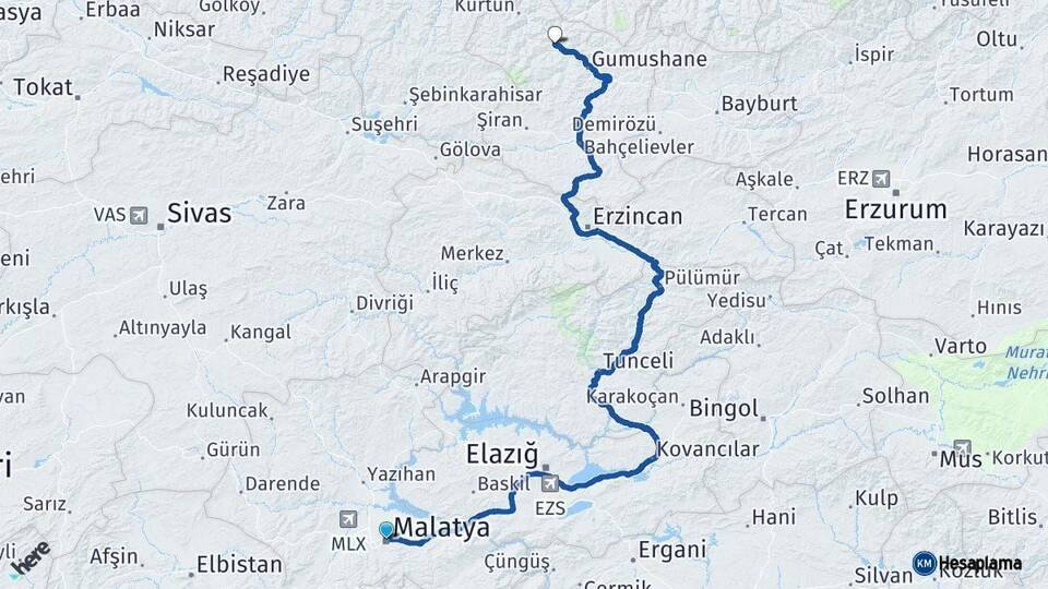 Malatya Torul Gümüşhane Arası Kaç Km - Yol Haritası