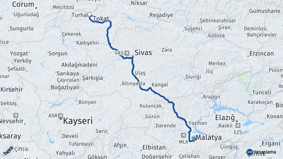 Malatya Turhal Tokat Arası Kaç Km - Yol Haritası