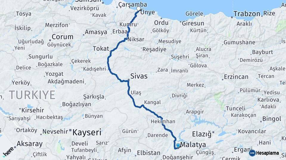 Malatya Ünye Ordu Arası Kaç Km - Yol Haritası