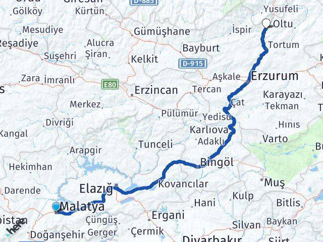 Malatya Uzundere Erzurum Arası Kaç Km - Yol Haritası