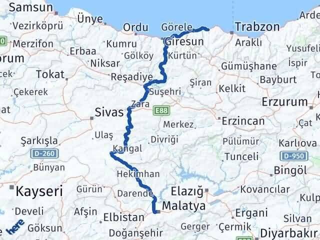 Malatya Vakfıkebir Trabzon Arası Kaç Km - Yol Haritası