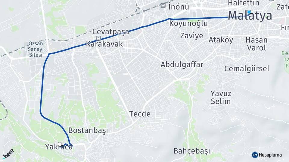 Malatya Yakınca Yeşilyurt Arası Kaç Km - Yol Haritası