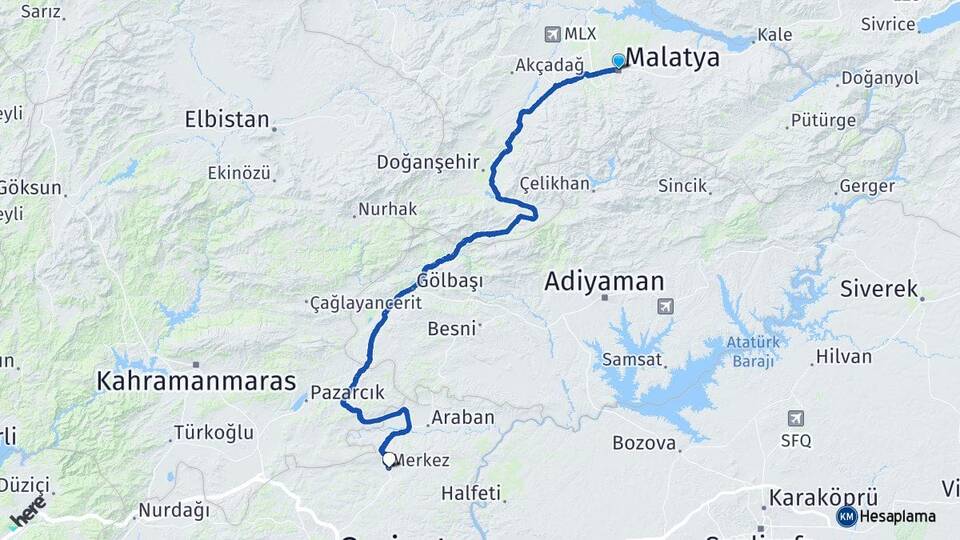 Malatya Yavuzeli Gaziantep Arası Kaç Km - Yol Haritası