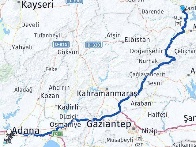 Malatya Yazıhan Adana Arası Kaç Km - Yol Haritası