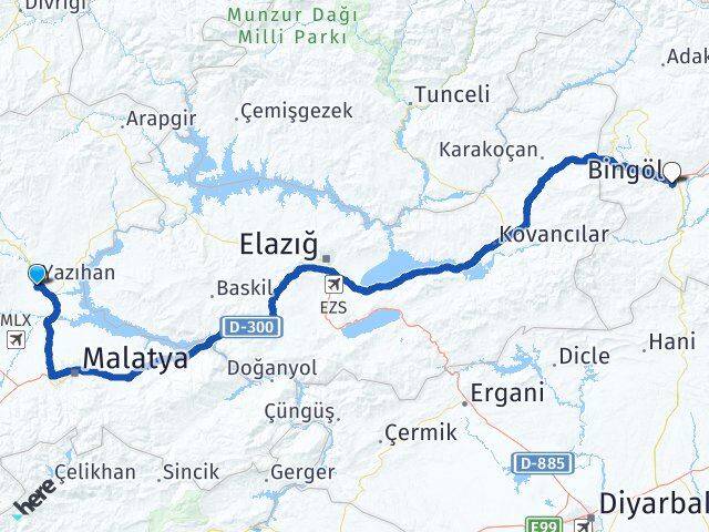 Malatya Yazıhan Bingöl Arası Kaç Km - Yol Haritası