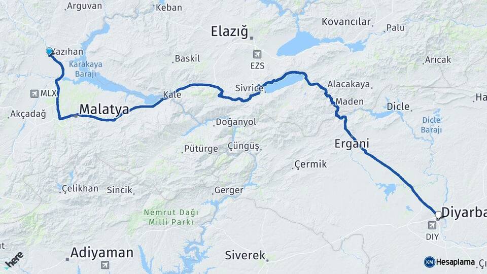 Malatya Yazıhan Diyarbakır Arası Kaç Km - Yol Haritası
