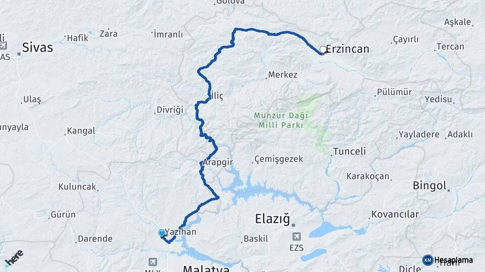 Malatya Yazıhan Erzincan Arası Kaç Km - Yol Haritası