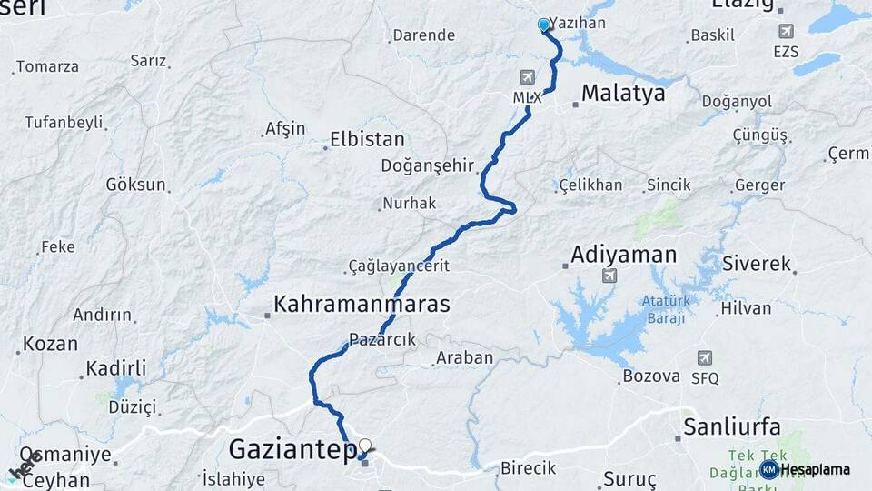 Malatya Yazıhan Gaziantep Arası Kaç Km - Yol Haritası