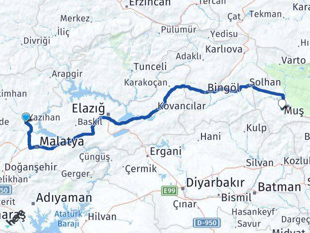Malatya Yazıhan Muş Arası Kaç Km - Yol Haritası