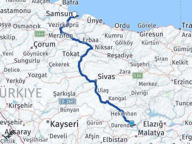 Malatya Yazıhan Samsun Arası Kaç Km - Yol Haritası