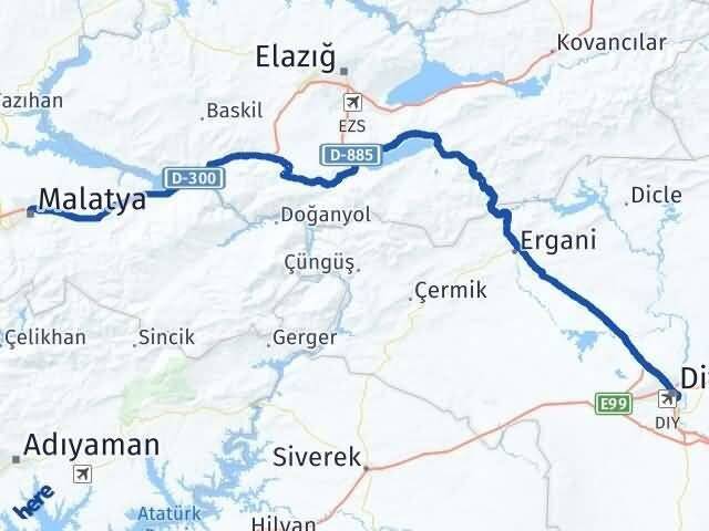 Malatya Yenişehir Diyarbakır Arası Kaç Km - Yol Haritası
