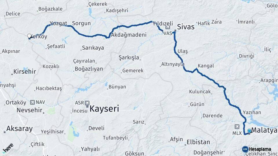 Malatya Yerköy Yozgat Arası Kaç Km - Yol Haritası