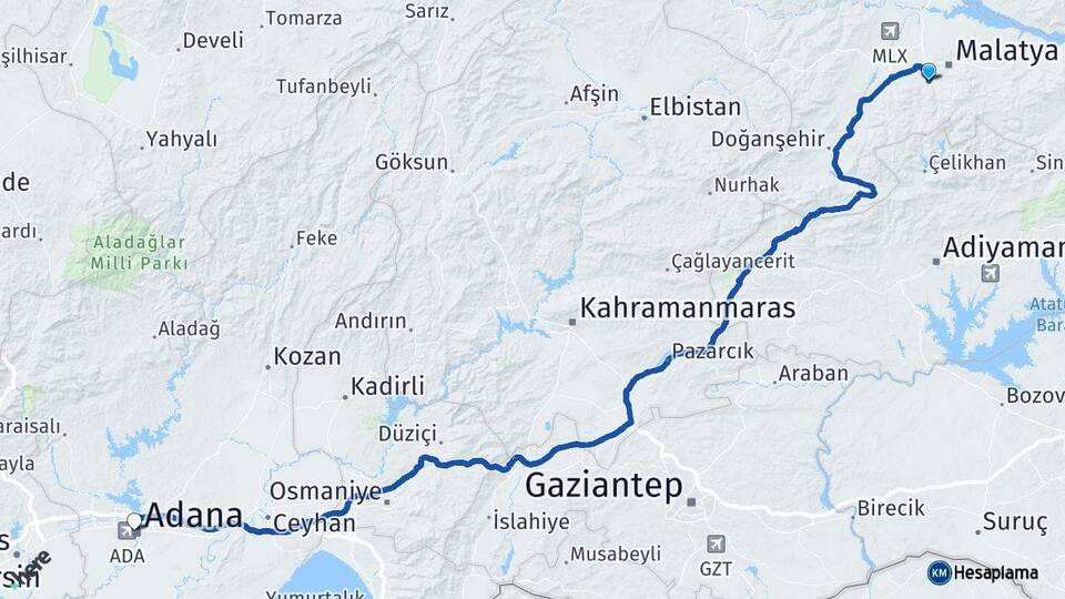 Malatya Yeşilyurt Adana Arası Kaç Km - Yol Haritası