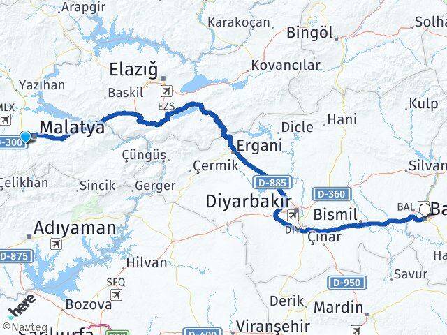 Malatya Yeşilyurt Batman Arası Kaç Km - Yol Haritası