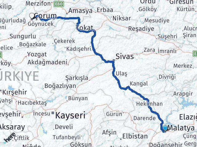 Malatya Yeşilyurt Çorum Arası Kaç Km - Yol Haritası