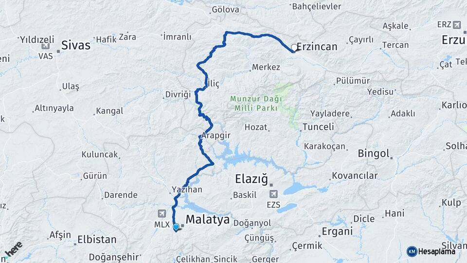 Malatya Yeşilyurt Erzincan Arası Kaç Km - Yol Haritası