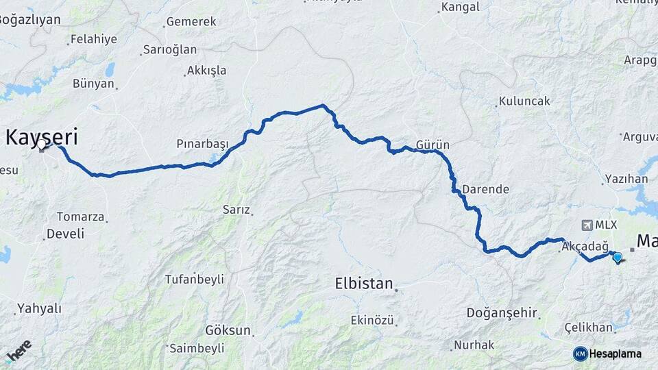 Malatya Yeşilyurt Kayseri Arası Kaç Km - Yol Haritası