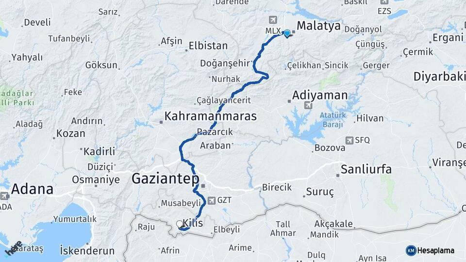 Malatya Yeşilyurt Kilis Arası Kaç Km - Yol Haritası