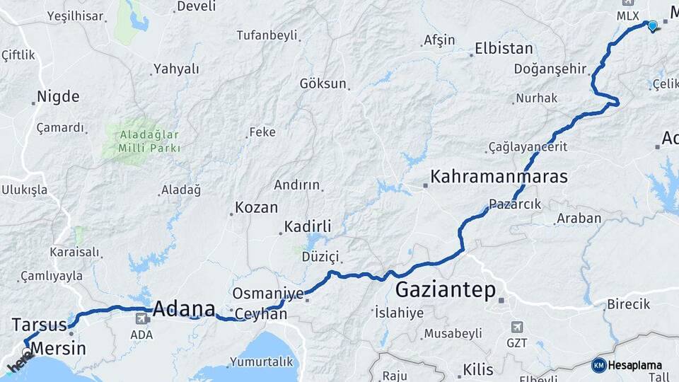 Malatya Yeşilyurt Mersin Arası Kaç Km - Yol Haritası