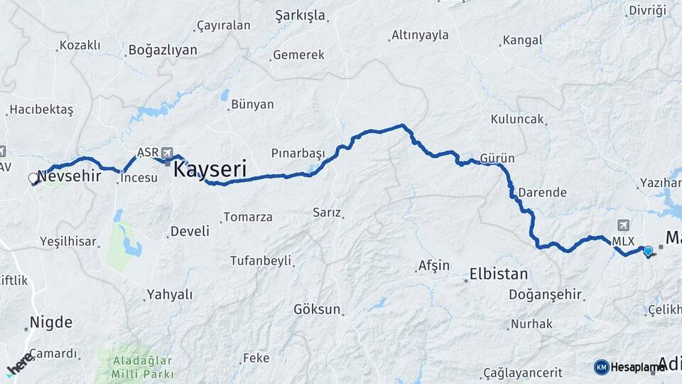 Malatya Yeşilyurt Nevşehir Arası Kaç Km - Yol Haritası