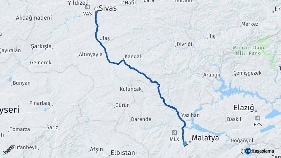 Malatya Yeşilyurt Sivas Arası Kaç Km - Yol Haritası