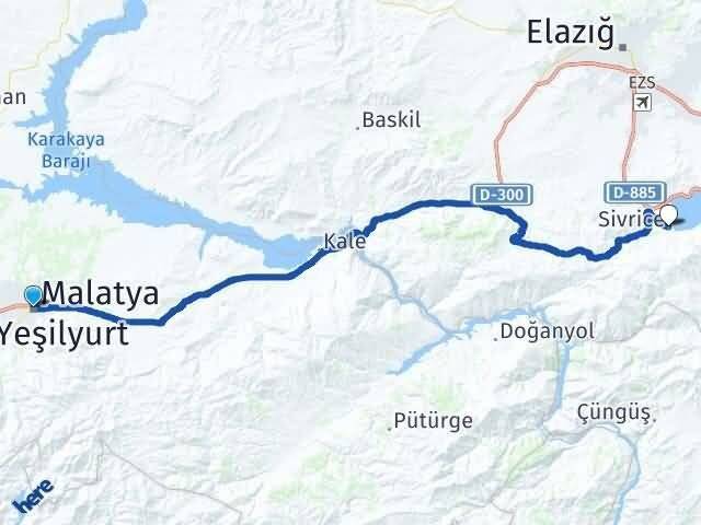 Malatya Yeşilyurt Sivrice Elazığ Arası Kaç Km - Yol Haritası