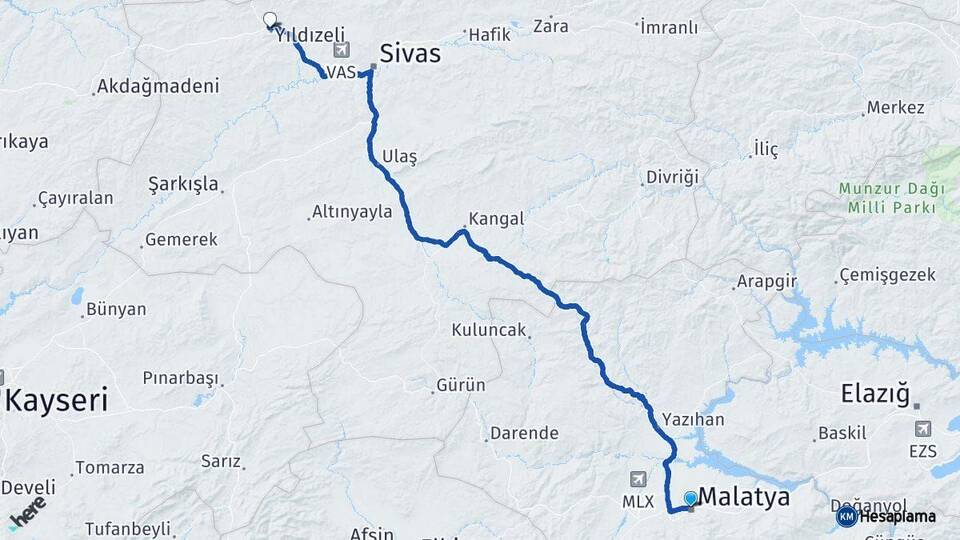 Malatya Yıldızeli Sivas Arası Kaç Km - Yol Haritası
