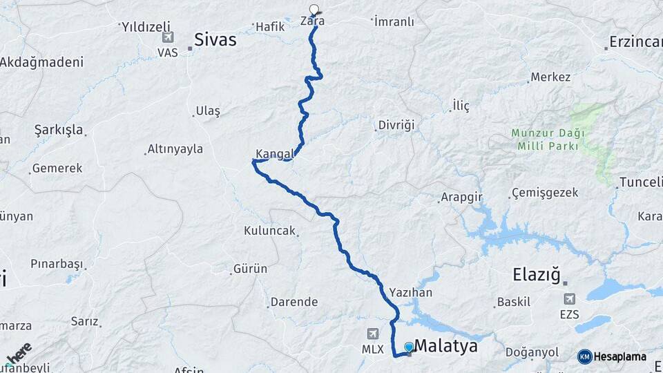 Malatya Zara Sivas Arası Kaç Km - Yol Haritası