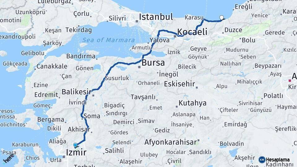 Manisa Akçakoca Düzce Arası Kaç Km - Yol Haritası