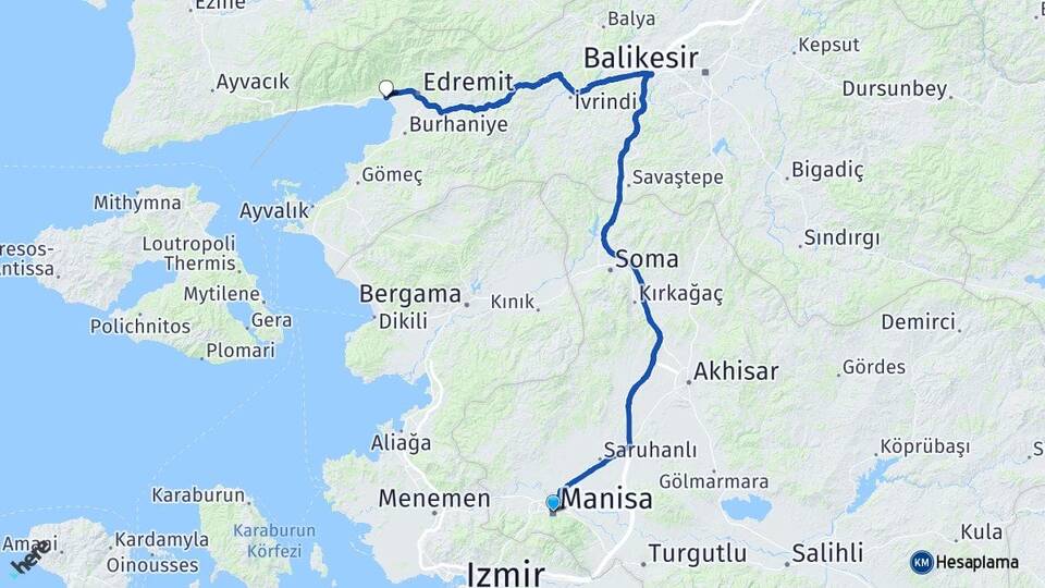 Manisa Akçay Edremit Balıkesir Arası Kaç Km - Yol Haritası