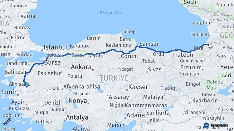 Manisa Akhisar Artvin Arası Kaç Km - Yol Haritası