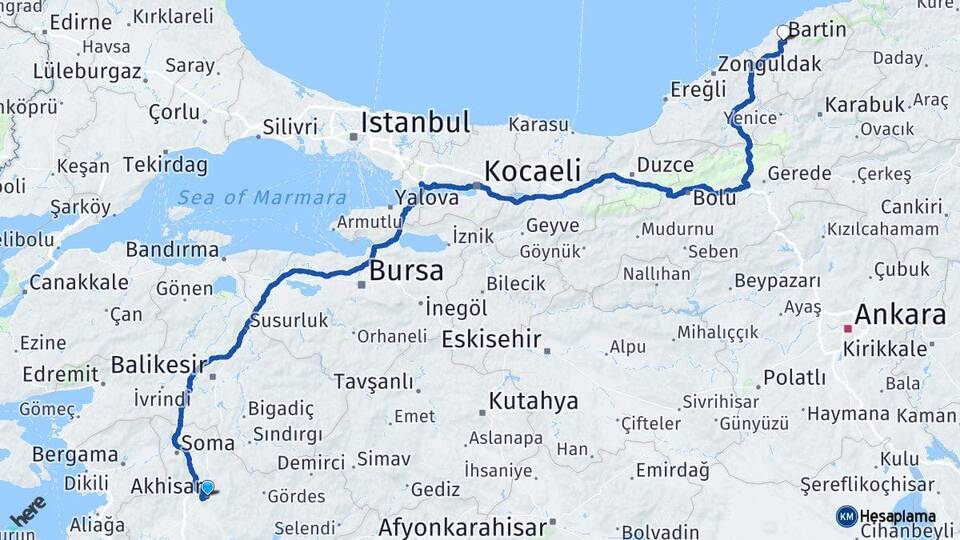 Manisa Akhisar Bartın Arası Kaç Km - Yol Haritası