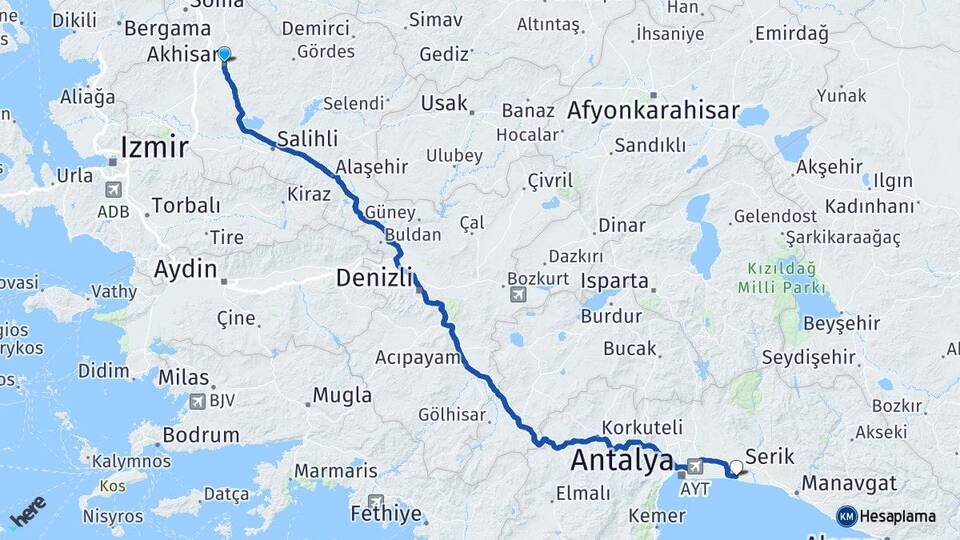 Manisa Akhisar Belek Serik Antalya Arası Kaç Km - Yol Haritası