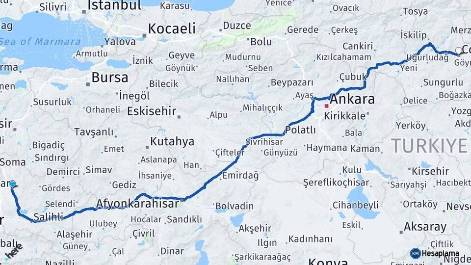 Manisa Akhisar Çorum Arası Kaç Km - Yol Haritası