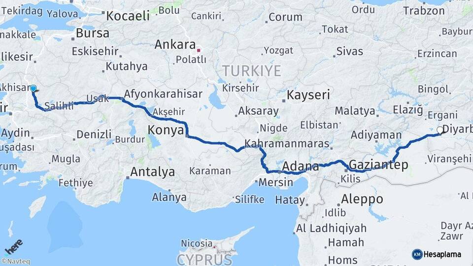 Manisa Akhisar Diyarbakır Arası Kaç Km - Yol Haritası