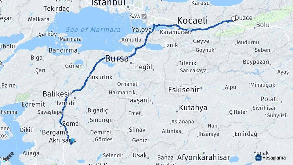 Manisa Akhisar Düzce Arası Kaç Km - Yol Haritası